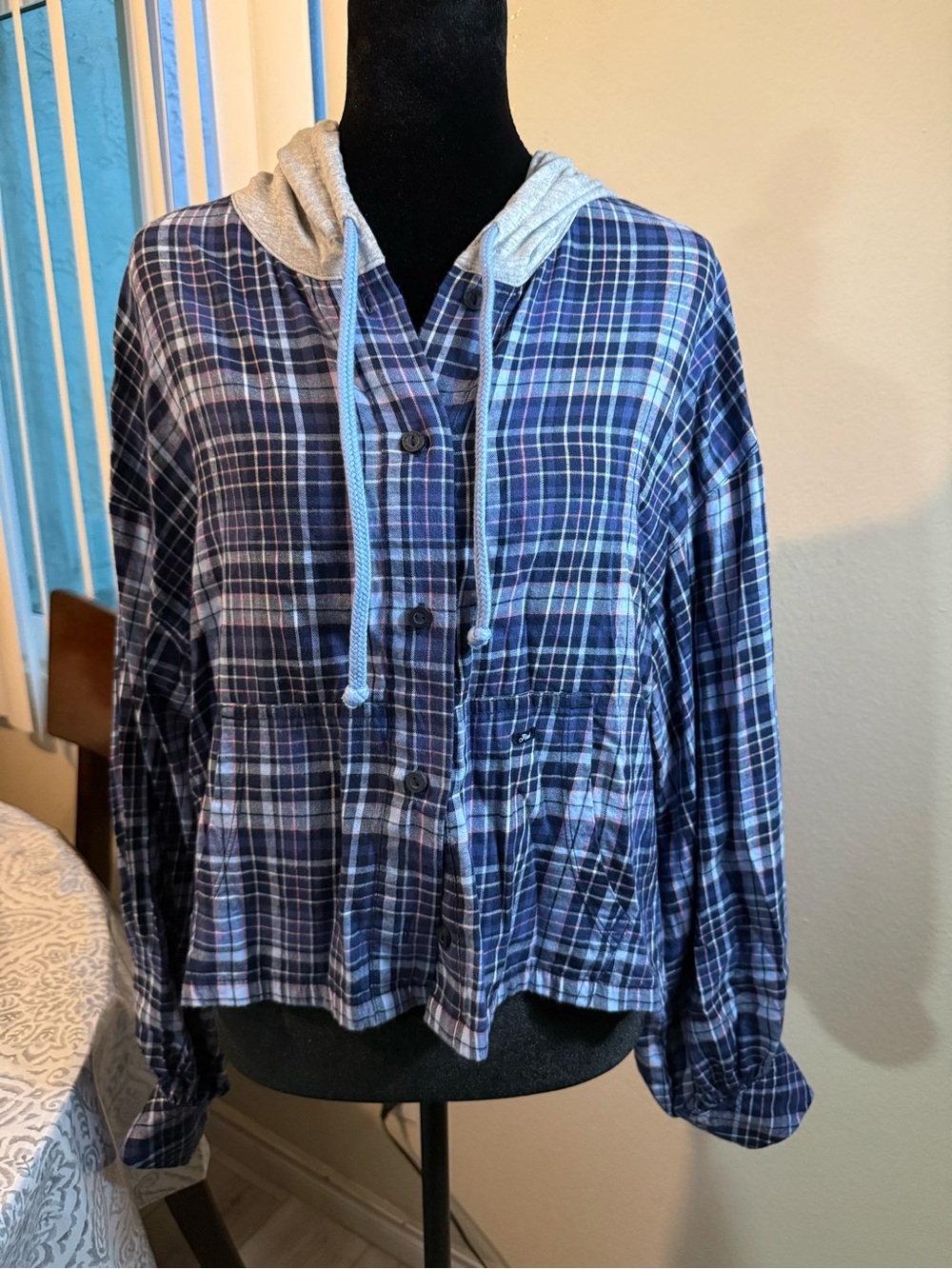 PINK Victoria's Secret Navy Plaid Hooded Utility Jacket with Gray Hood